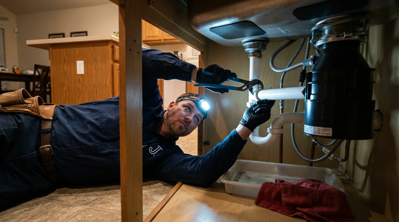P-trap and supply line connections under a kitchen sink showing a common leak point in Madison, WI
